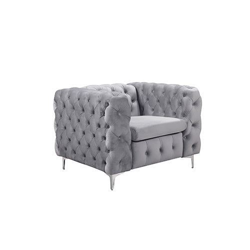 Arm Chairs & Recliners: Single Seater Grey Sofa Classic Armchair Button Tufted in Velvet Fabric with Metal Legs