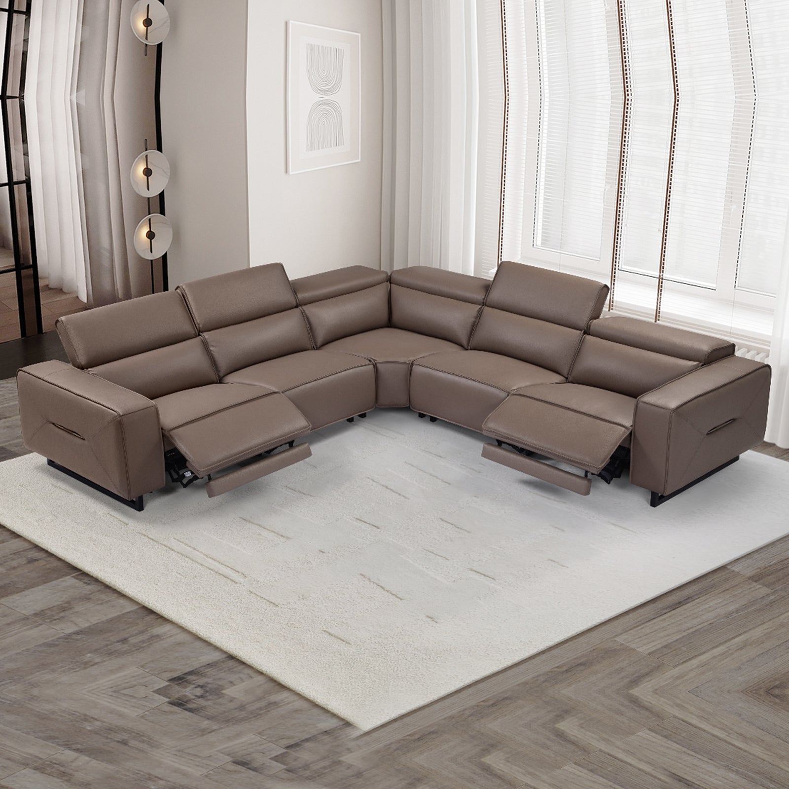 Sofas & Sofa Beds: 5 Seater Real Cow Leather Sofa with Power Recliner Adjustable Headrest Wooden Frame Corner Lounge