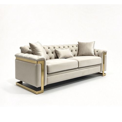 Juliette 3 Seater Velvet Sofa with Gold Trim in Beige