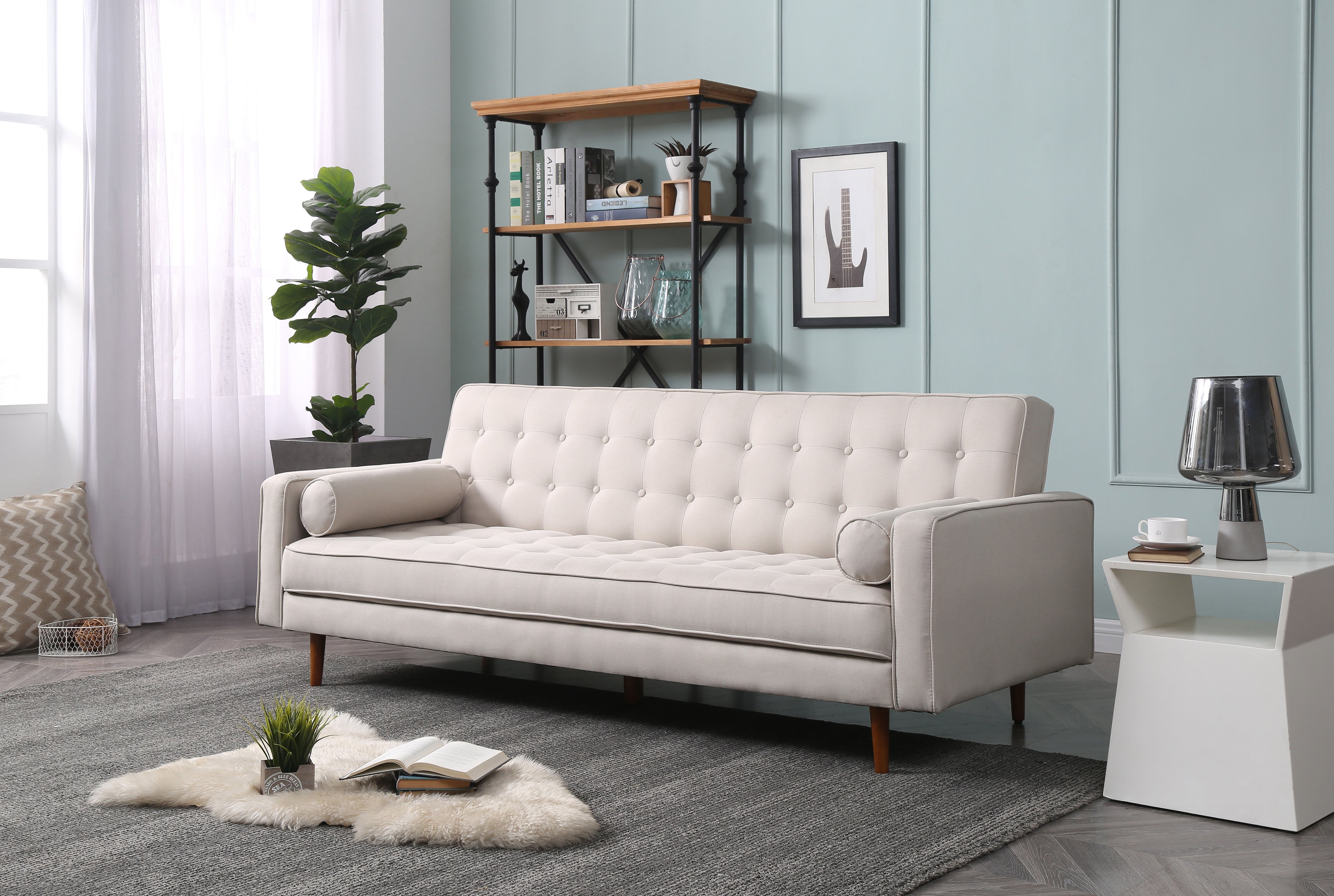 Sofas & Sofa Beds: Sofa Bed 3 Seater Button Tufted Lounge Set for Living Room Couch in Fabric Beige Colour