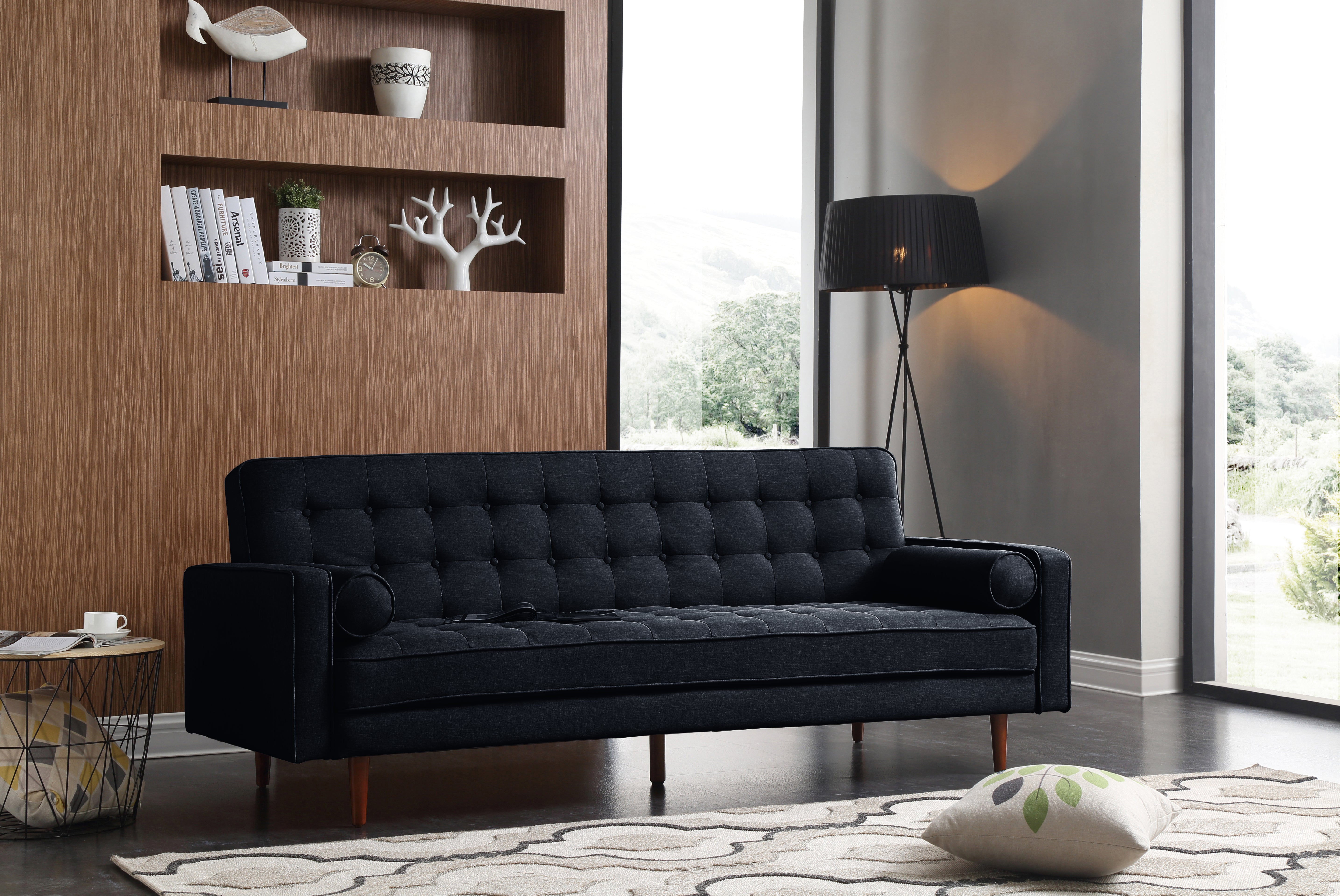 Sofas & Sofa Beds: Sofa Bed 3 Seater Button Tufted Lounge Set for Living Room Couch in Velvet Black Colour