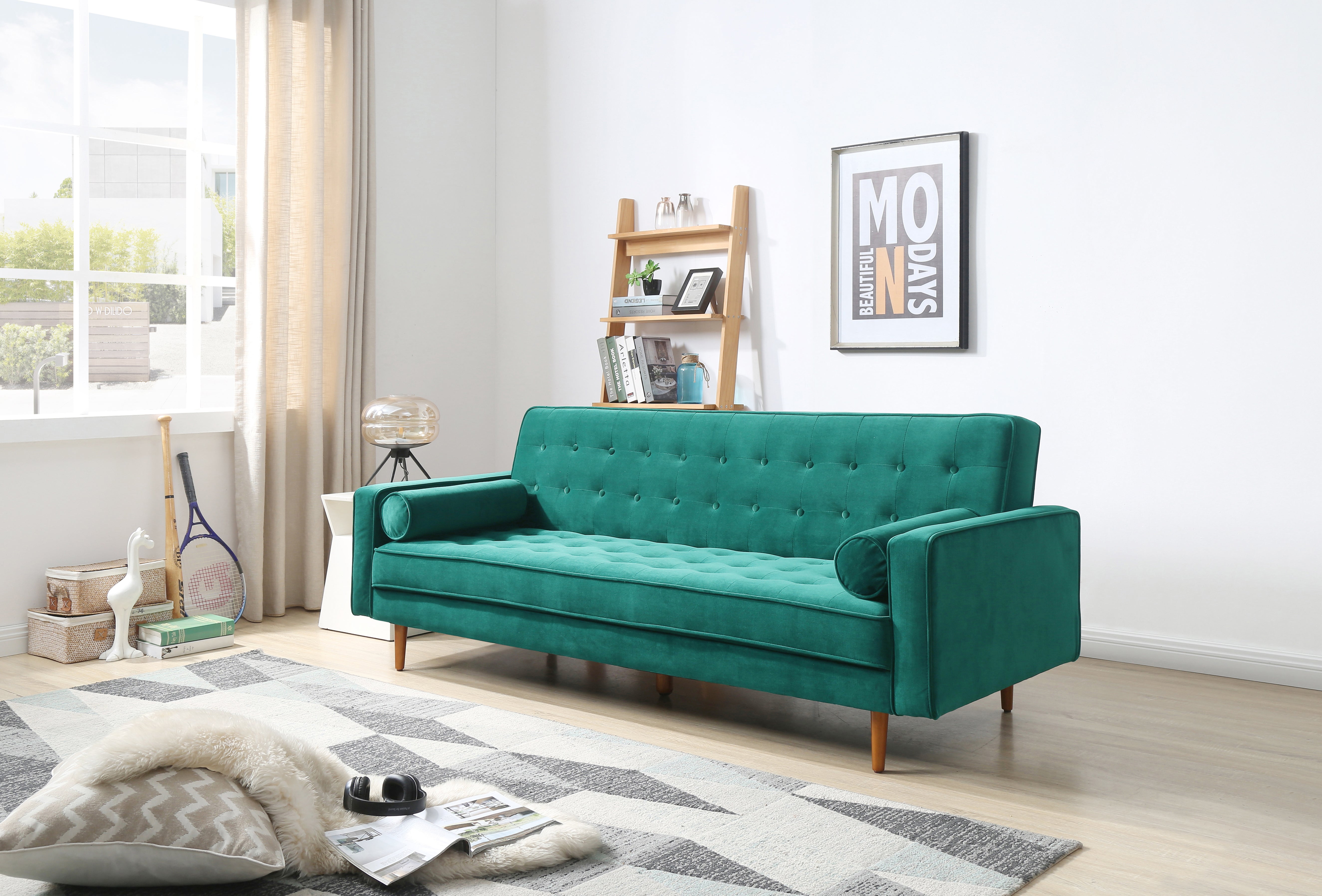 Sofas & Sofa Beds: Sofa Bed 3 Seater Button Tufted Lounge Set for Living Room Couch in Velvet Green Colour