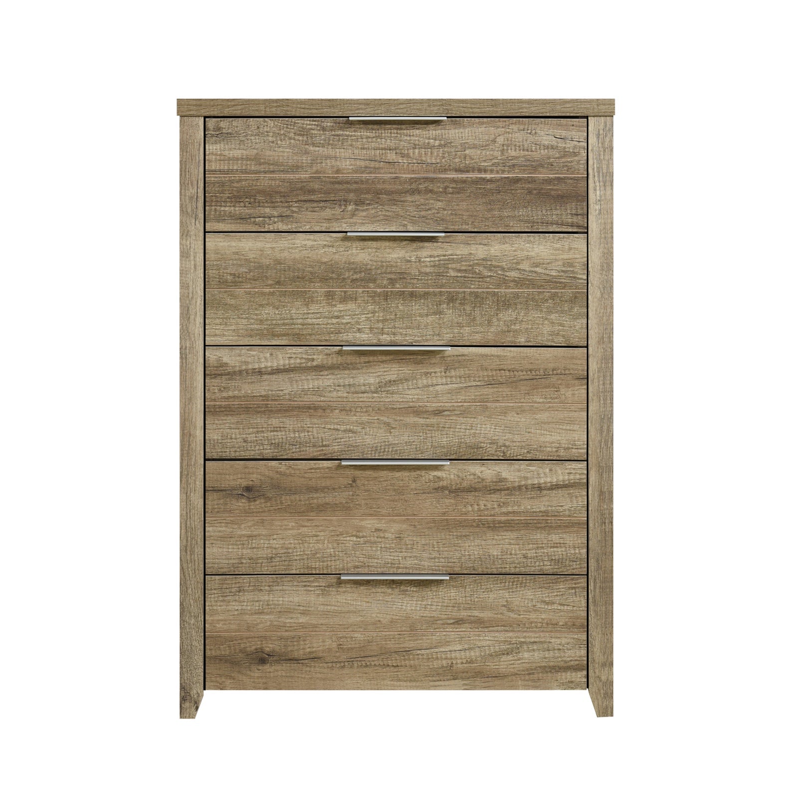Dressers: Tallboy with 5 Storage Drawers Natural Wood like MDF in Oak Colour