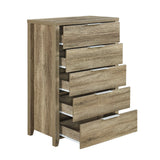 Dressers: Tallboy with 5 Storage Drawers Natural Wood like MDF in Oak Colour