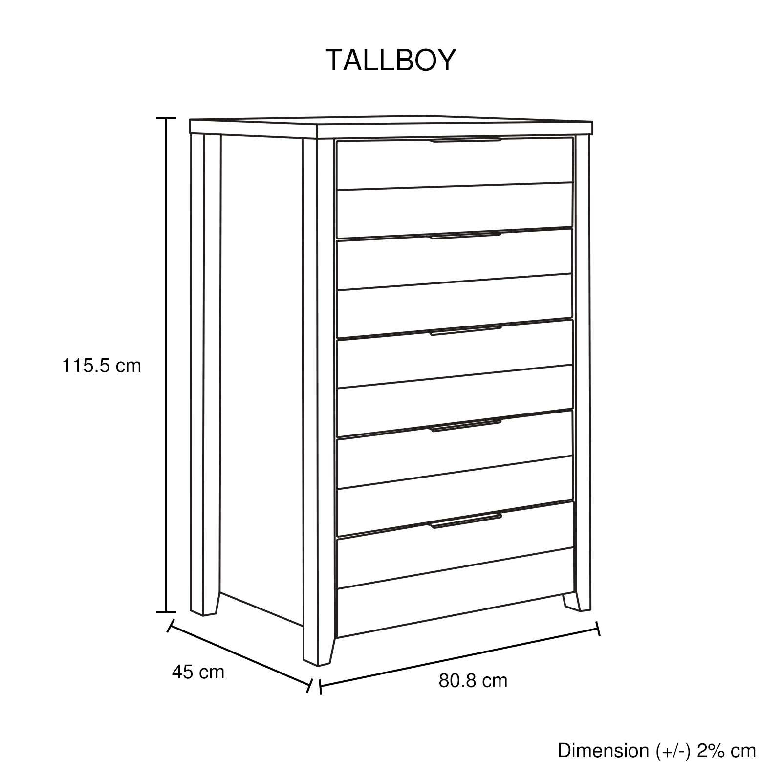 Tallboy with 5 Storage Drawers Natural Wood like MDF in White Ash Colour