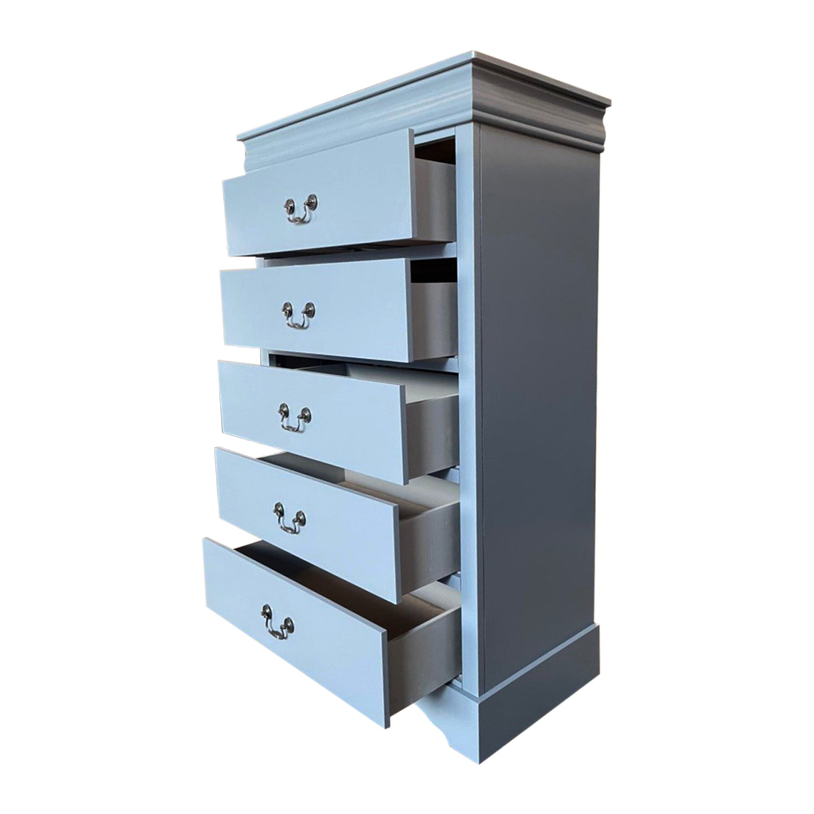 Dressing Vanity & Dressing Tables: Tallboy with 5 Storage Drawers in Solid Wooden Metal Handles Grey Colour