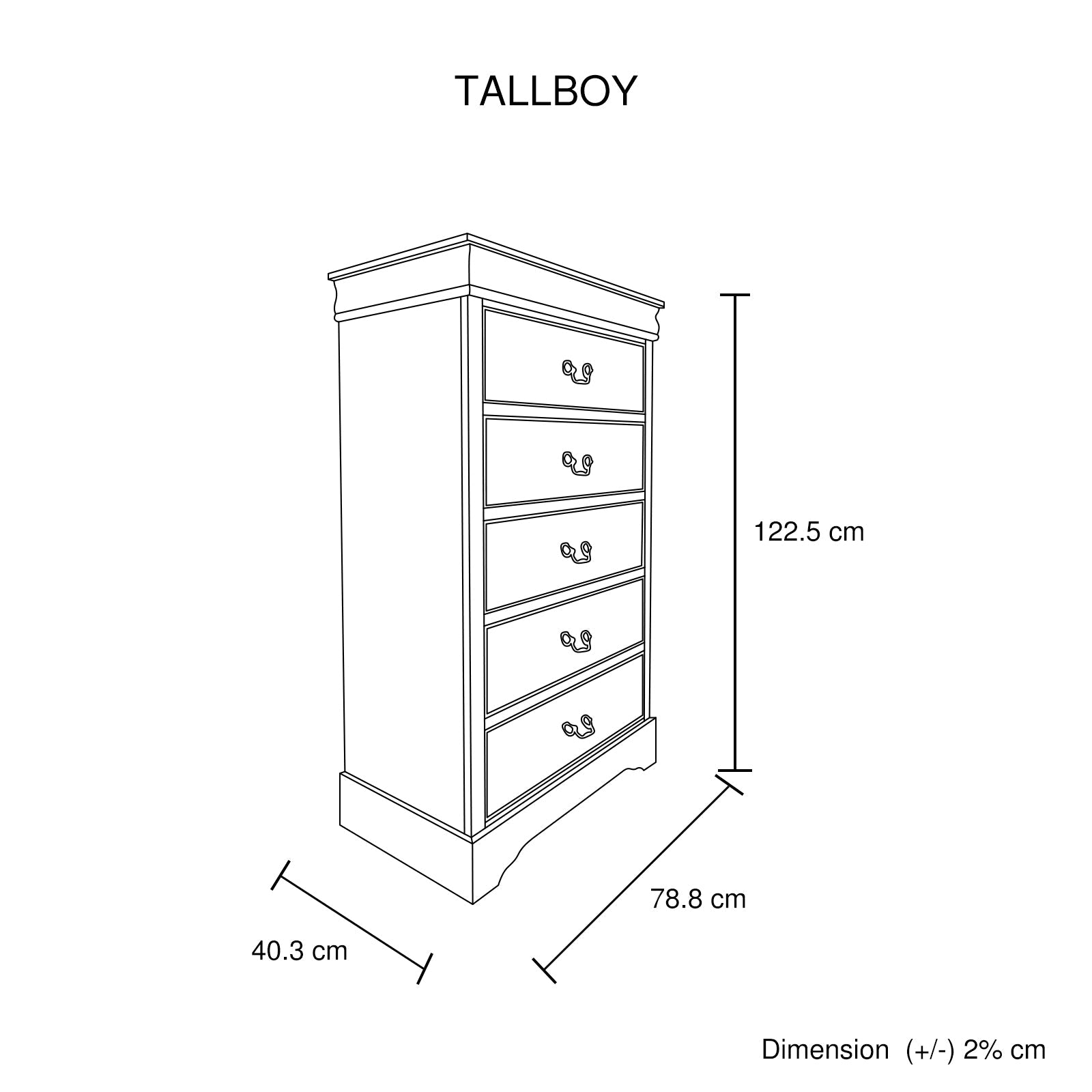 Dressing Vanity & Dressing Tables: Tallboy with 5 Storage Drawers in Solid Wooden Metal Handles Grey Colour