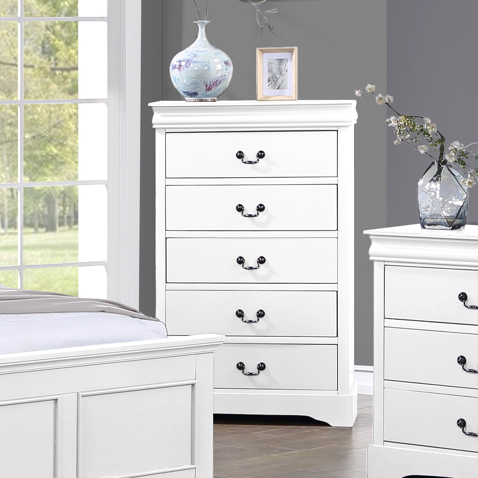 Dressers: Tallboy with 5 Storage Drawers in Solid Wooden Metal Handles White Colour