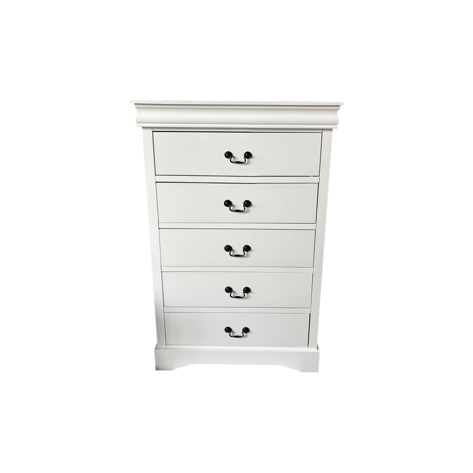 Dressers: Tallboy with 5 Storage Drawers in Solid Wooden Metal Handles White Colour