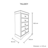Dressers: Tallboy with 5 Storage Drawers in Solid Wooden Metal Handles White Colour