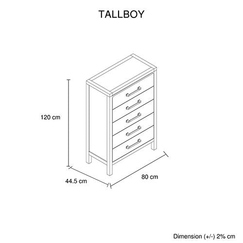 Natural Timber Look Tallboy with 5 Spacious Drawers