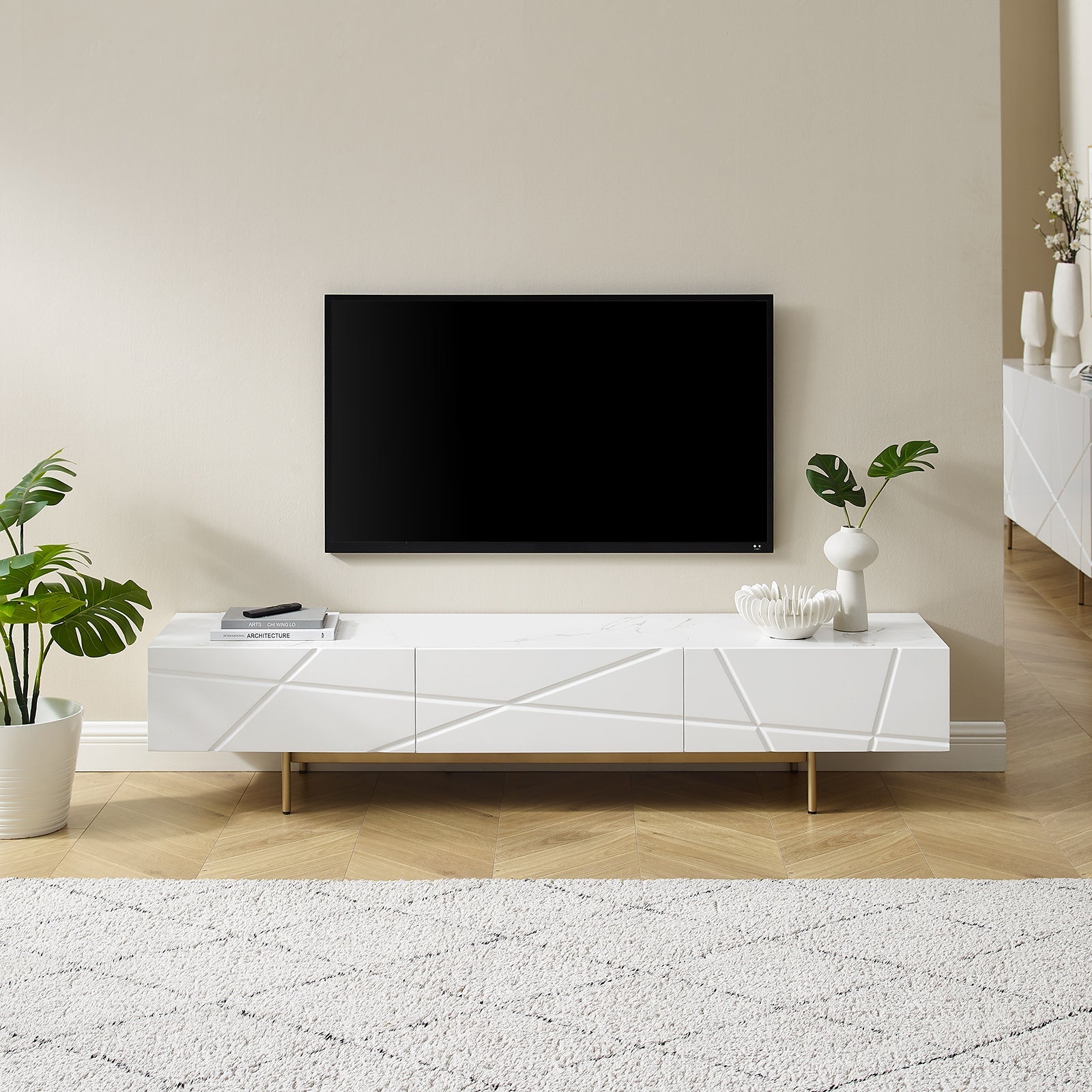 TV Units: TV Cabinet MDF Glossy Storage Drawers Metal Base Entertainment Unit