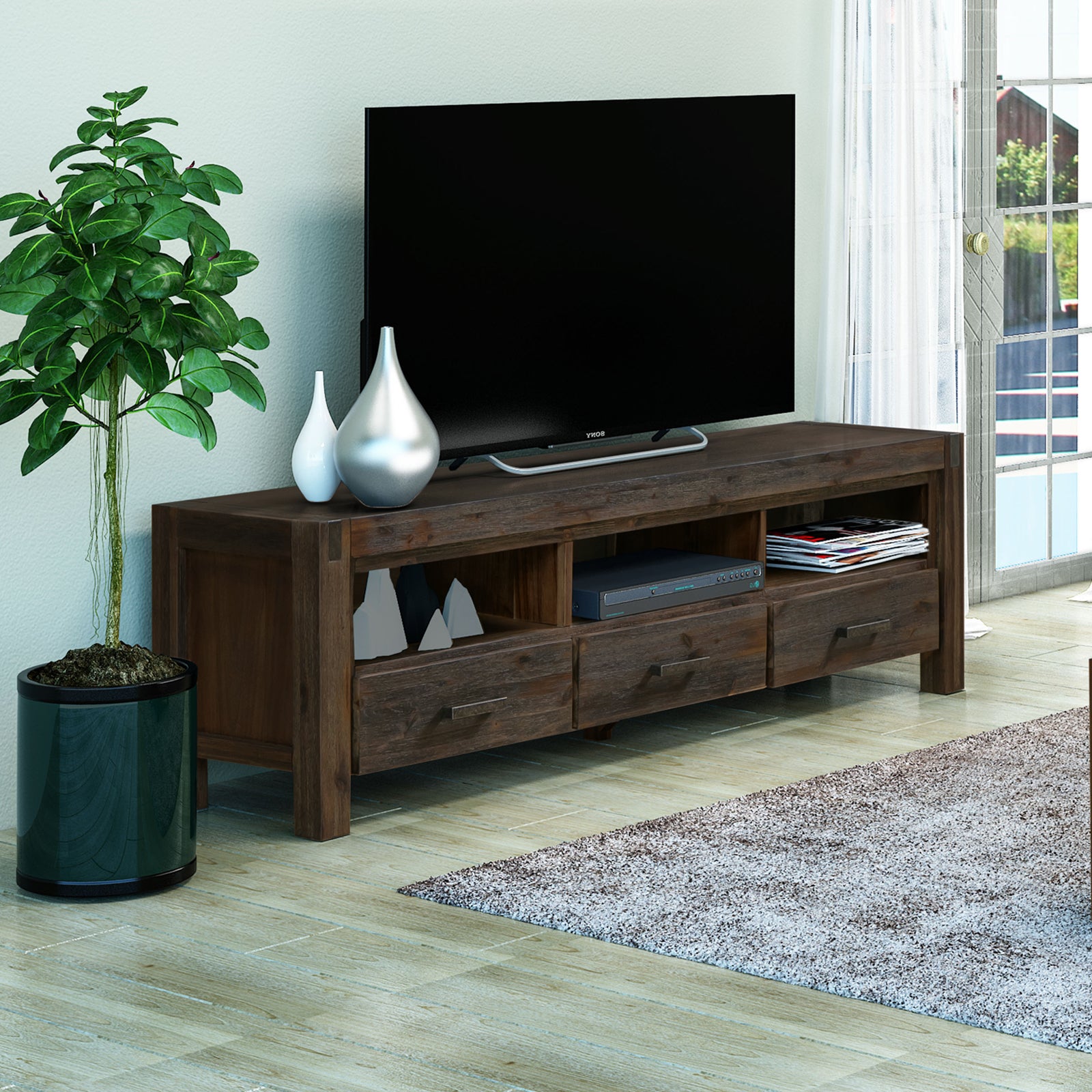 TV Units: TV Cabinet with 3 Storage Drawers with Shelf Solid Acacia Wooden Frame Entertainment Unit in Chocolate Colour