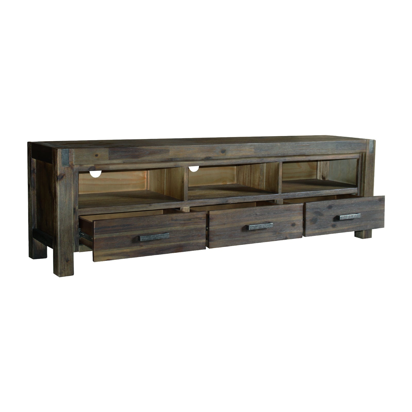 TV Units: TV Cabinet with 3 Storage Drawers with Shelf Solid Acacia Wooden Frame Entertainment Unit in Chocolate Colour
