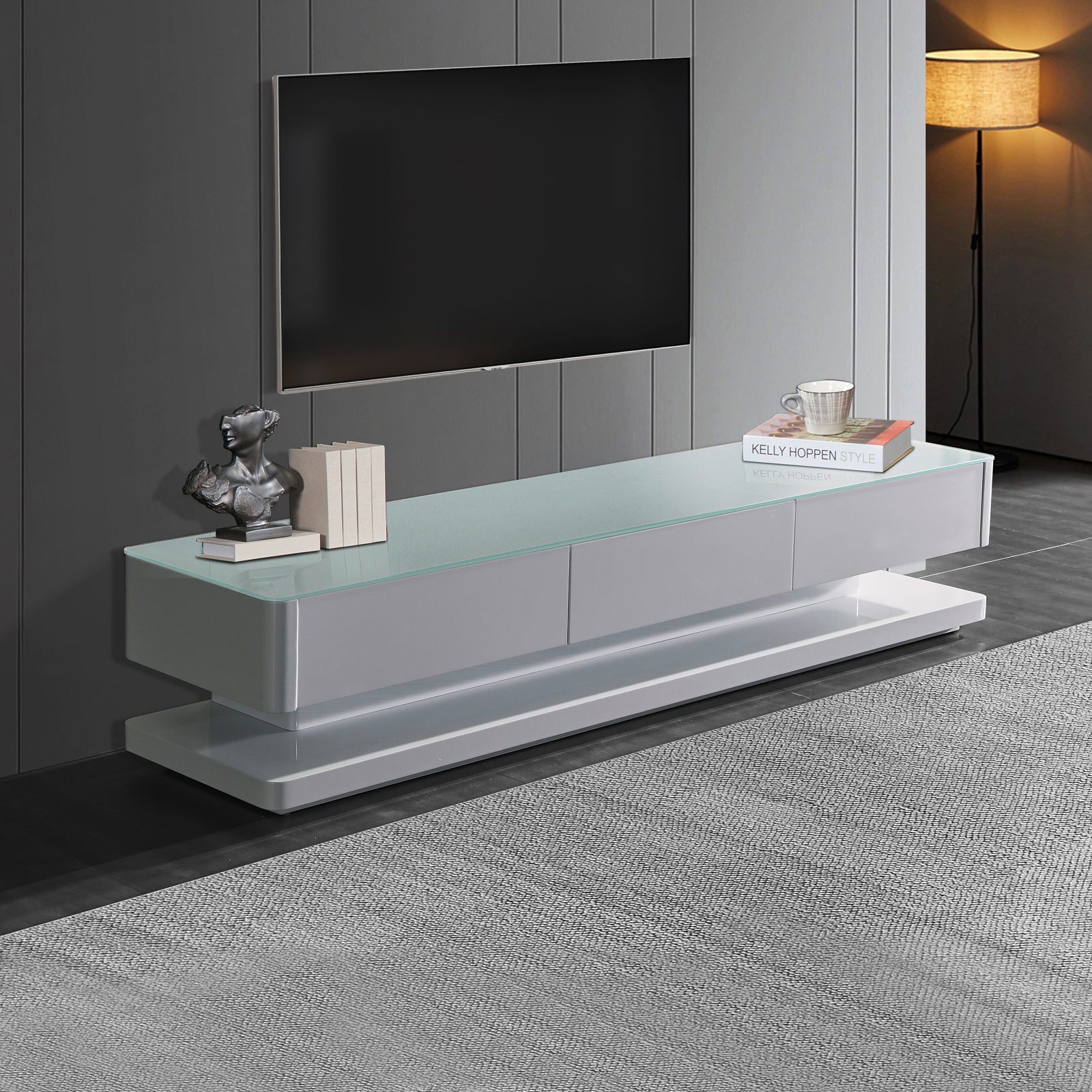 TV Units: TV Cabinet with 3 Storage Drawers With High Glossy Assembled Entertainment Unit in White colour