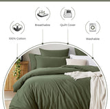 100% Cotton Vintage Washed Bed Quilt Cover Set (2Pcs) - Khaki Green - Single