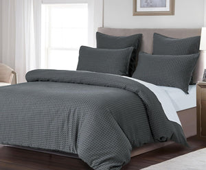 100% Premium Waffle Microfibre Quilt Cover Set (3Pcs) - Dark Grey - Queen