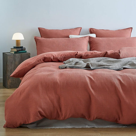 100% Cotton Checkered Waffle Pattern Quilt Cover Set - Terracotta - Queen