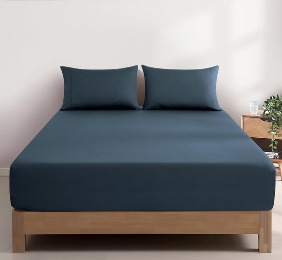 100% Vintage Washed Cotton Fitted Sheet Combo Set – 100% Natural Cotton, Ultra Soft & Breathable – Includes Fitted Sheet & Pillowcases – Machine Washable (Indigo, King)