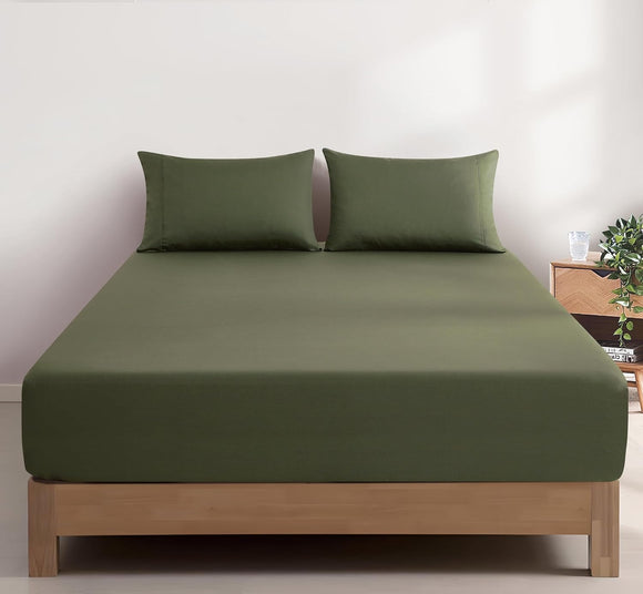 100% Vintage Washed Cotton Fitted Sheet Combo Set – 100% Natural Cotton, Ultra Soft & Breathable – Includes Fitted Sheet & Pillowcases – Machine Washable (Khaki Green, King)