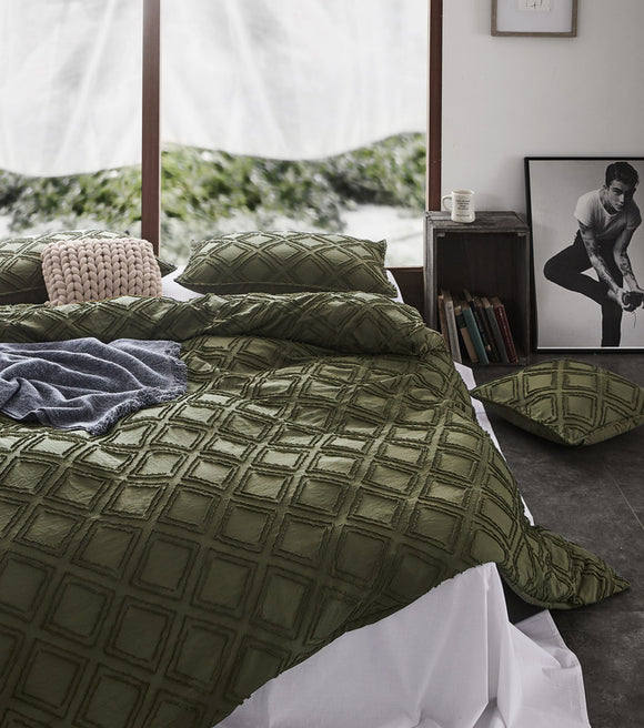 100% Premium Tufted Microfibre Quilt Cover Set - Ultra-Soft, Durable Embroidery Bedding Comforter Set - Machine Washable & Zipper Closure - Khaki Green - Super King