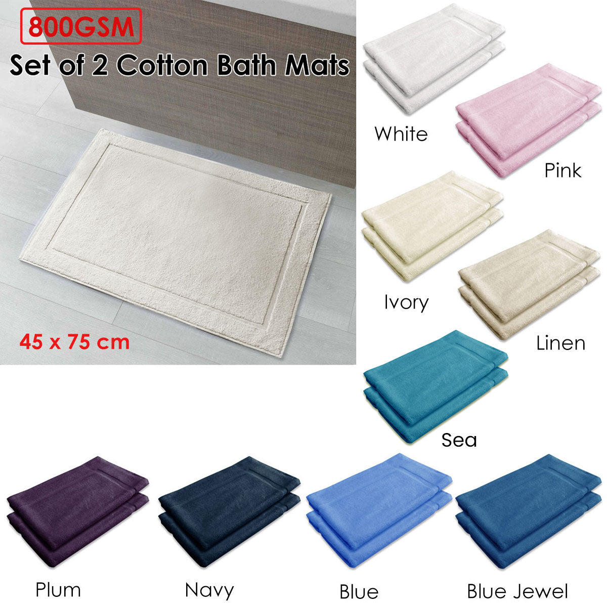 Bath Mats & Rugs: 800GSM Set of 2 Cotton Bath Mat White