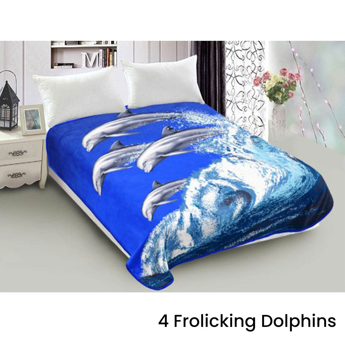 Blankets & Throws: 800GSM Luxury Reversible Animal Mink Blanket Queen 200 x 240 cm Frolicking Dolphins