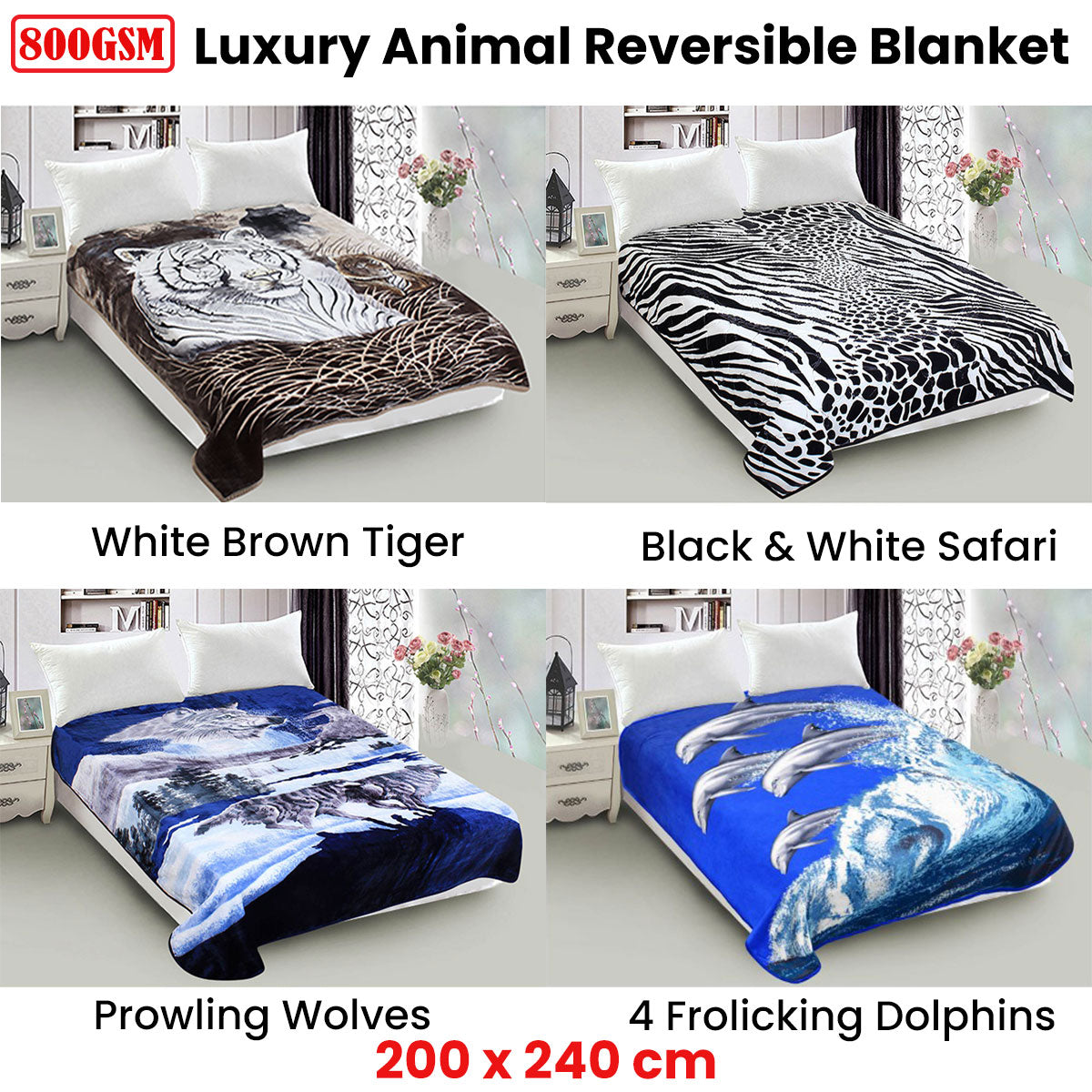 Blankets & Throws: 800GSM Luxury Reversible Animal Mink Blanket Queen 200 x 240 cm Frolicking Dolphins