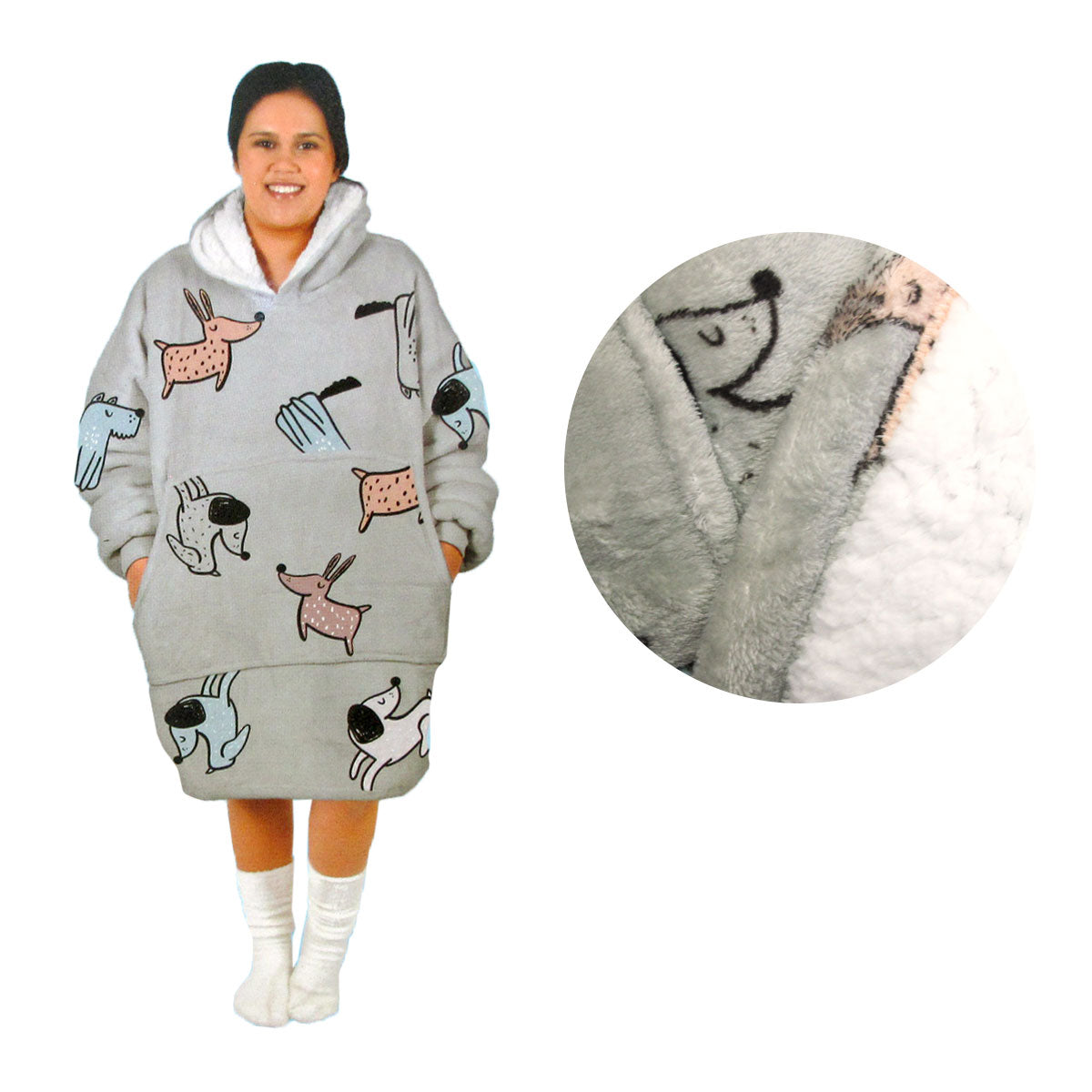 Blankets & Throws: Adult Women Comfy Warm Blanket Hoodie with Sherpa Fleece Reverse Grey Dogs