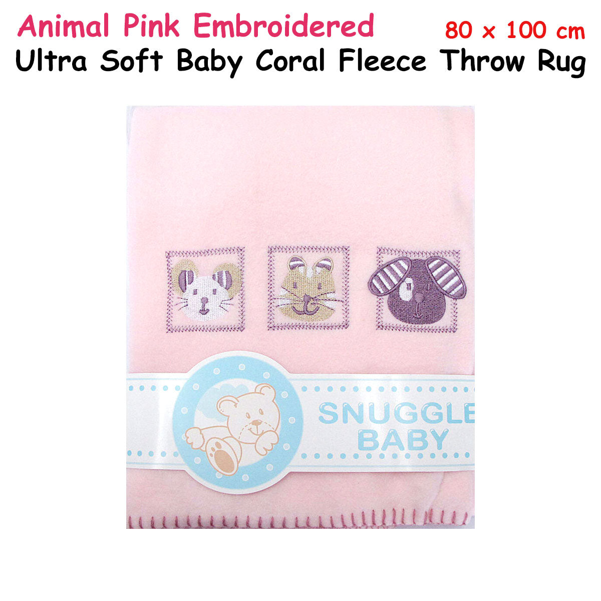 Blankets & Throws: Animal Pink Embroidered Polar Fleece Baby Blanket 80 x 100 cm