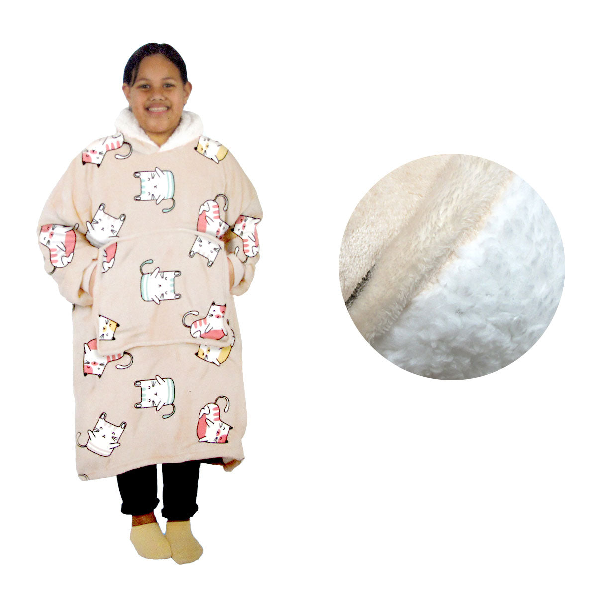 Blankets & Throws: Girls Comfy Warm Blanket Hoodie with Sherpa Fleece Reverse Kawaii Cat
