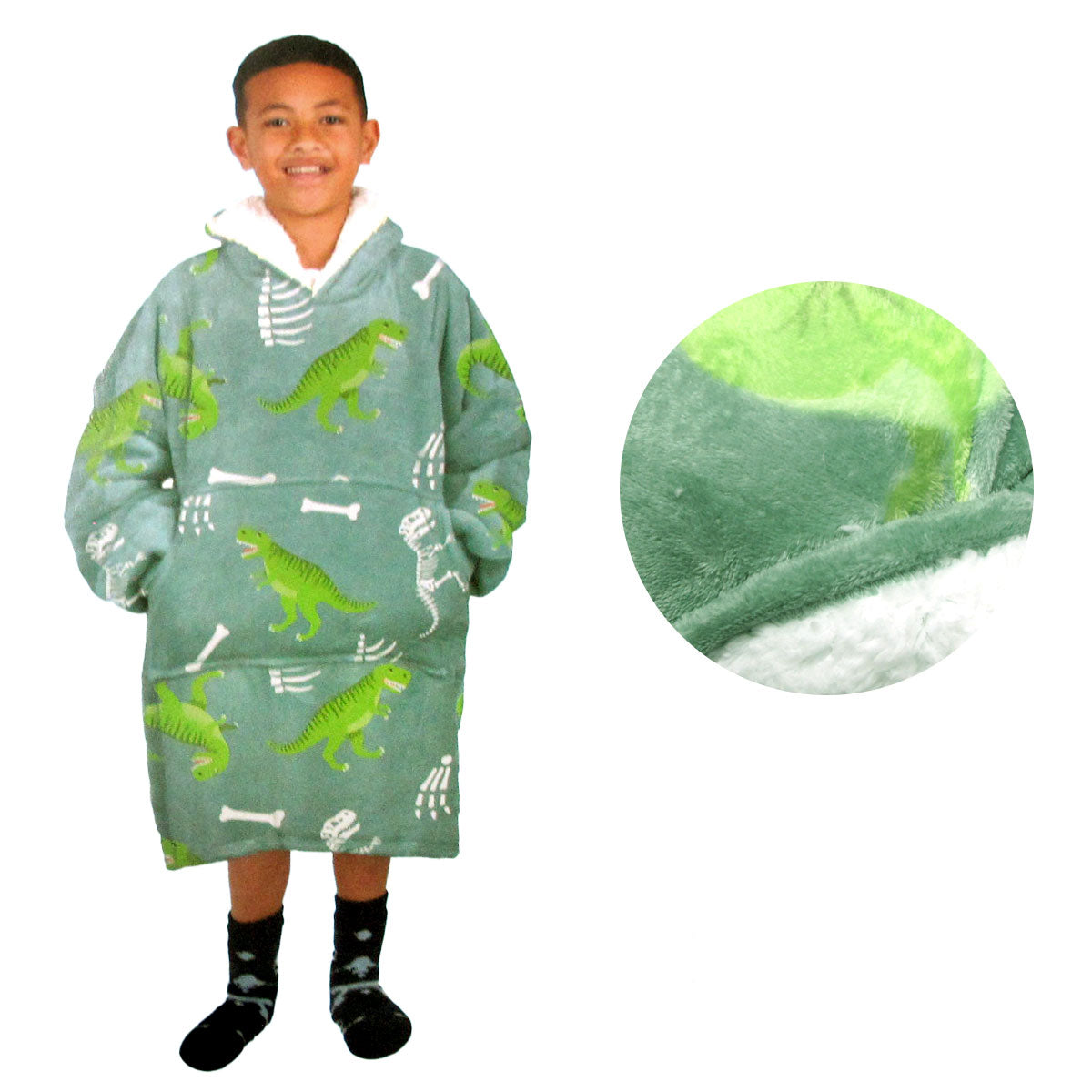 Blankets & Throws: Blanket Hoodie with Sherpa Reverse Green Dinosaur