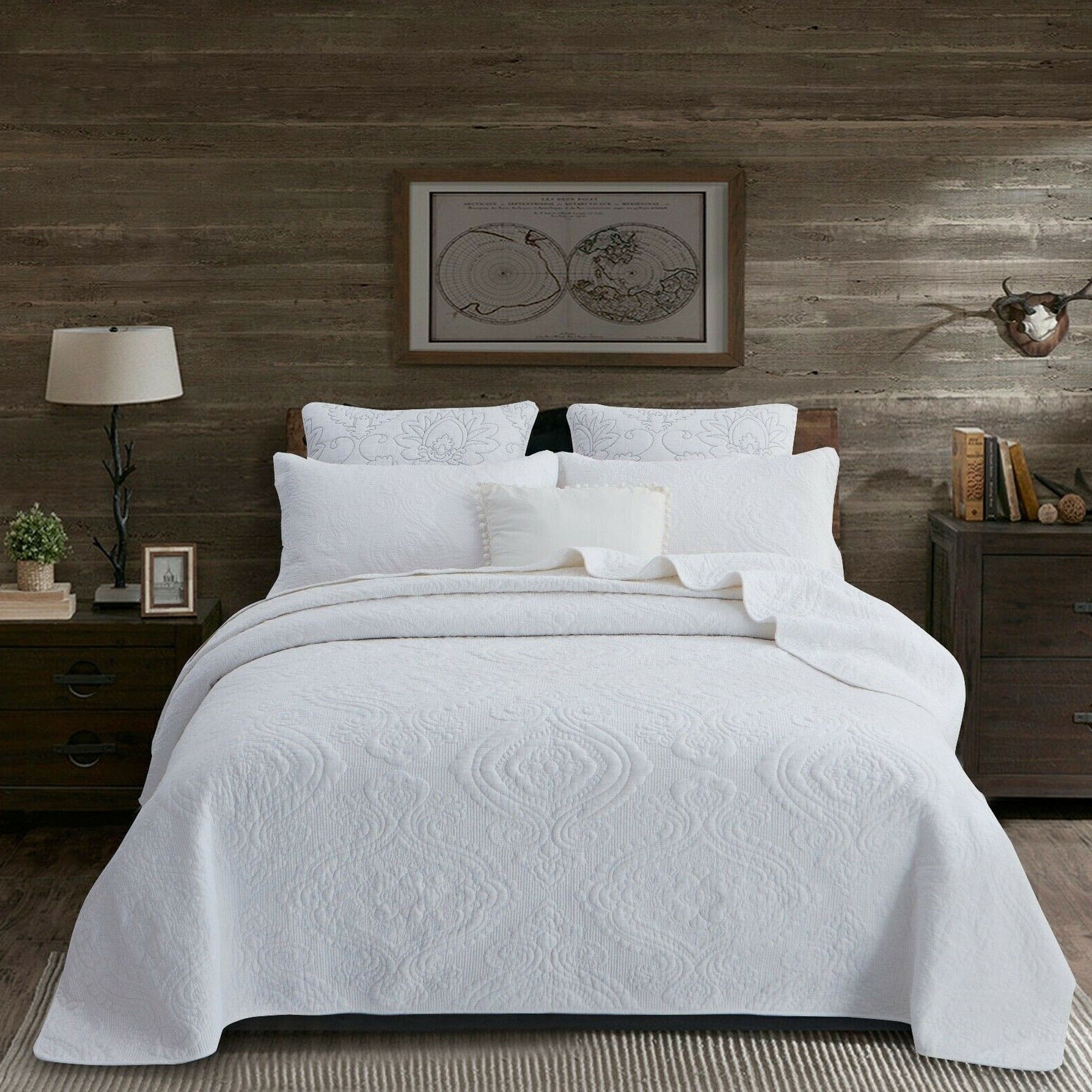 Quilts & Duvets: 100% Cotton Coverlet Set Damask White King