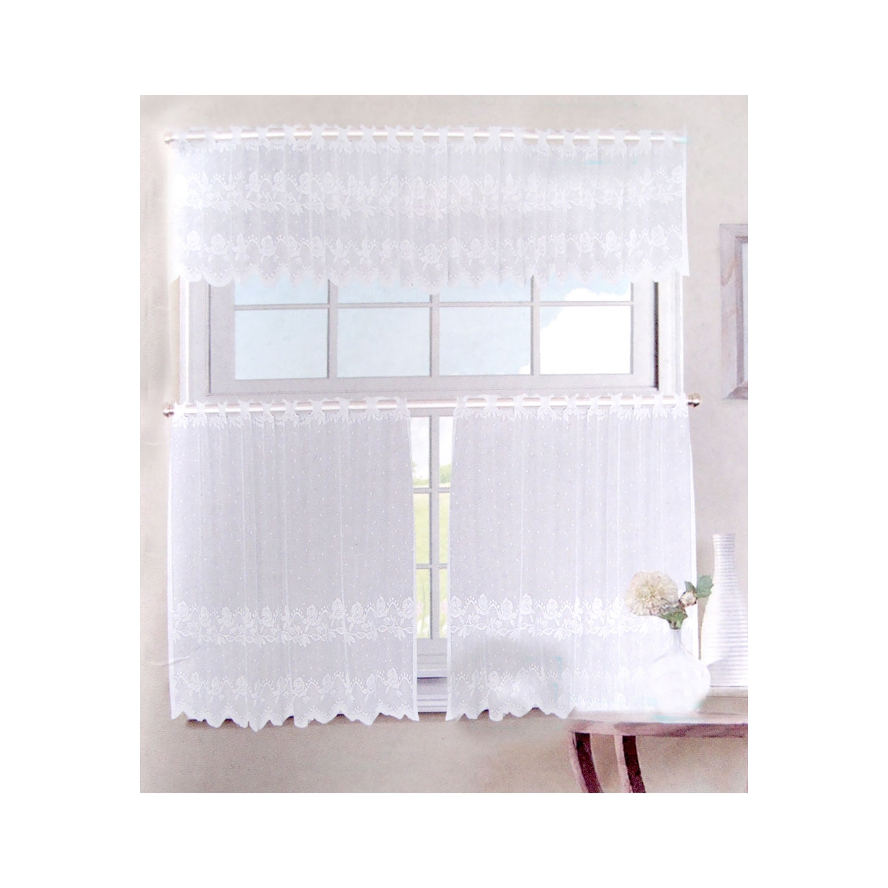 Curtains & Drapes: 3 Pce Cafe Rose Lace Curtain Set