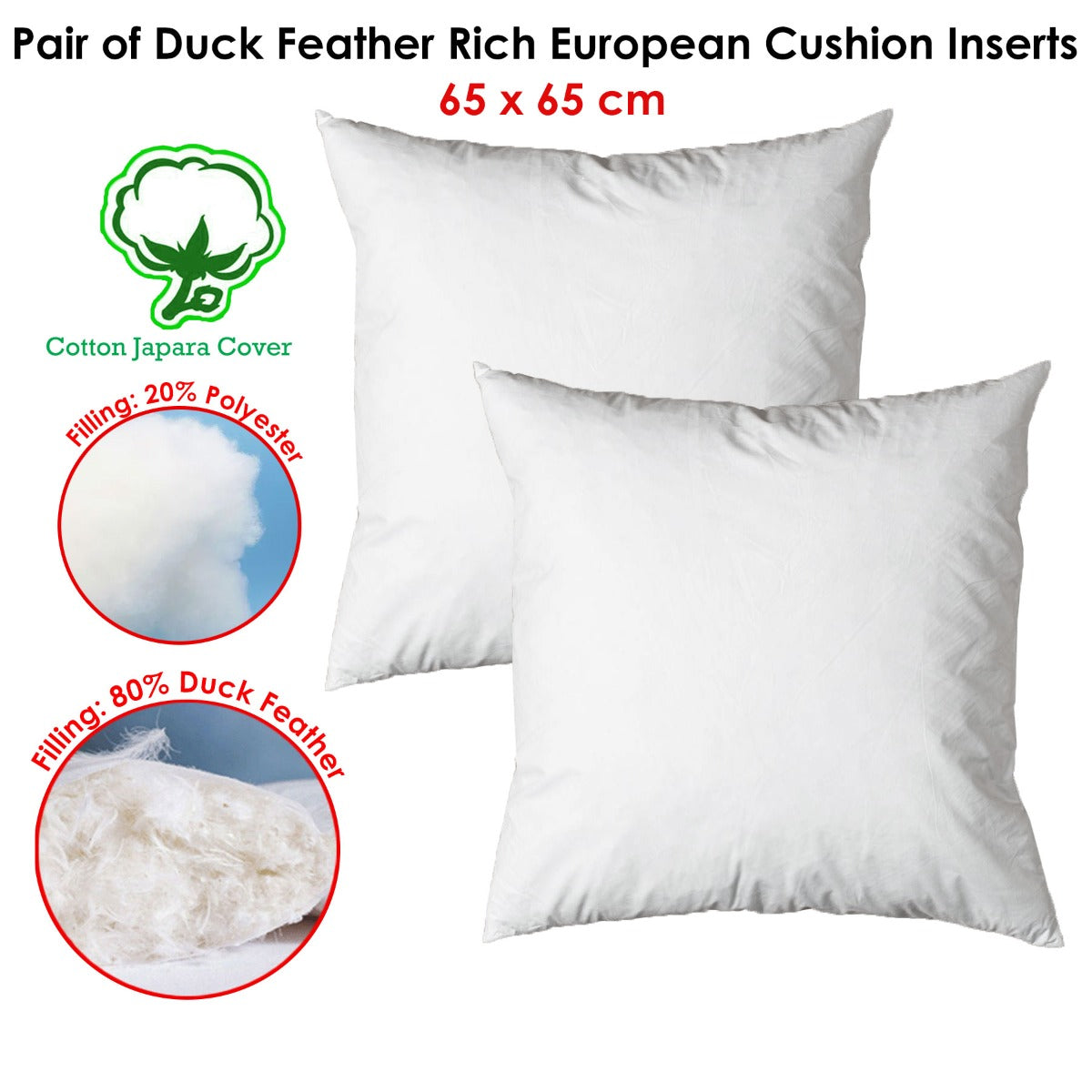 Cushions & Throws: Pair of Duck Feather Rich Fill European Cushion Inserter 65 x 65 cm