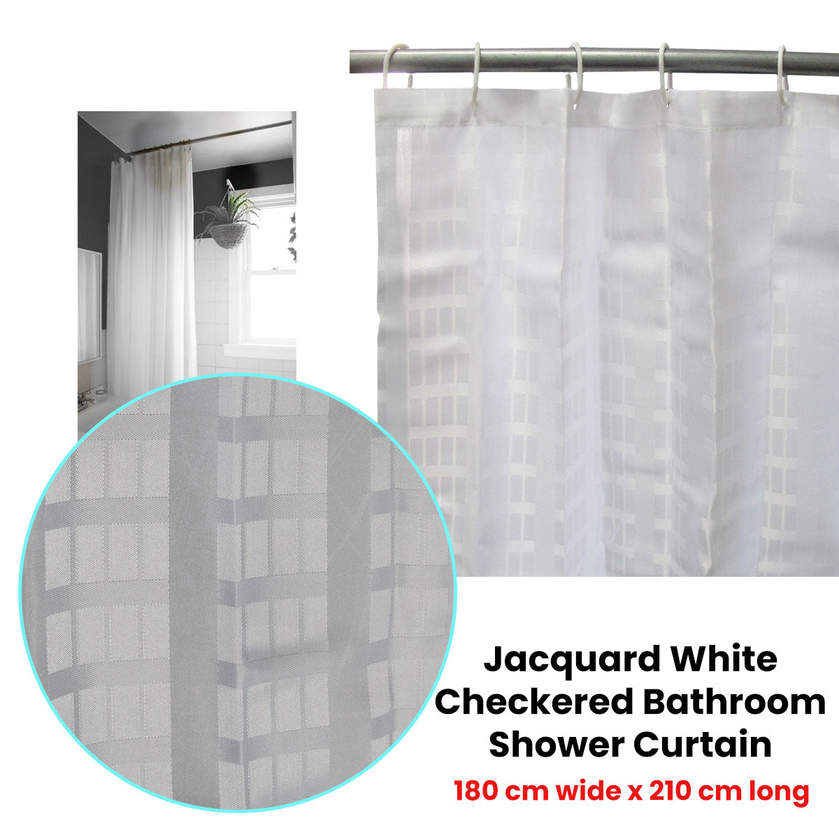 Curtains & Drapes: Jacquard White Checkered Bathroom Shower Curtain 180cm wide x 210 cm long