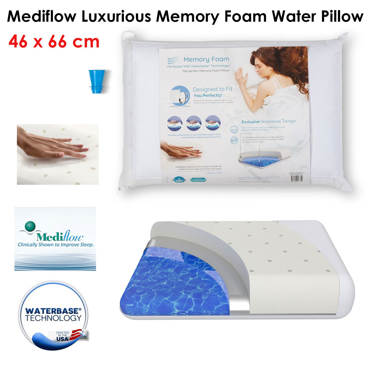 Pillows: Mediflow Luxurious Memory Foam Water Pillow 46 x 66 cm