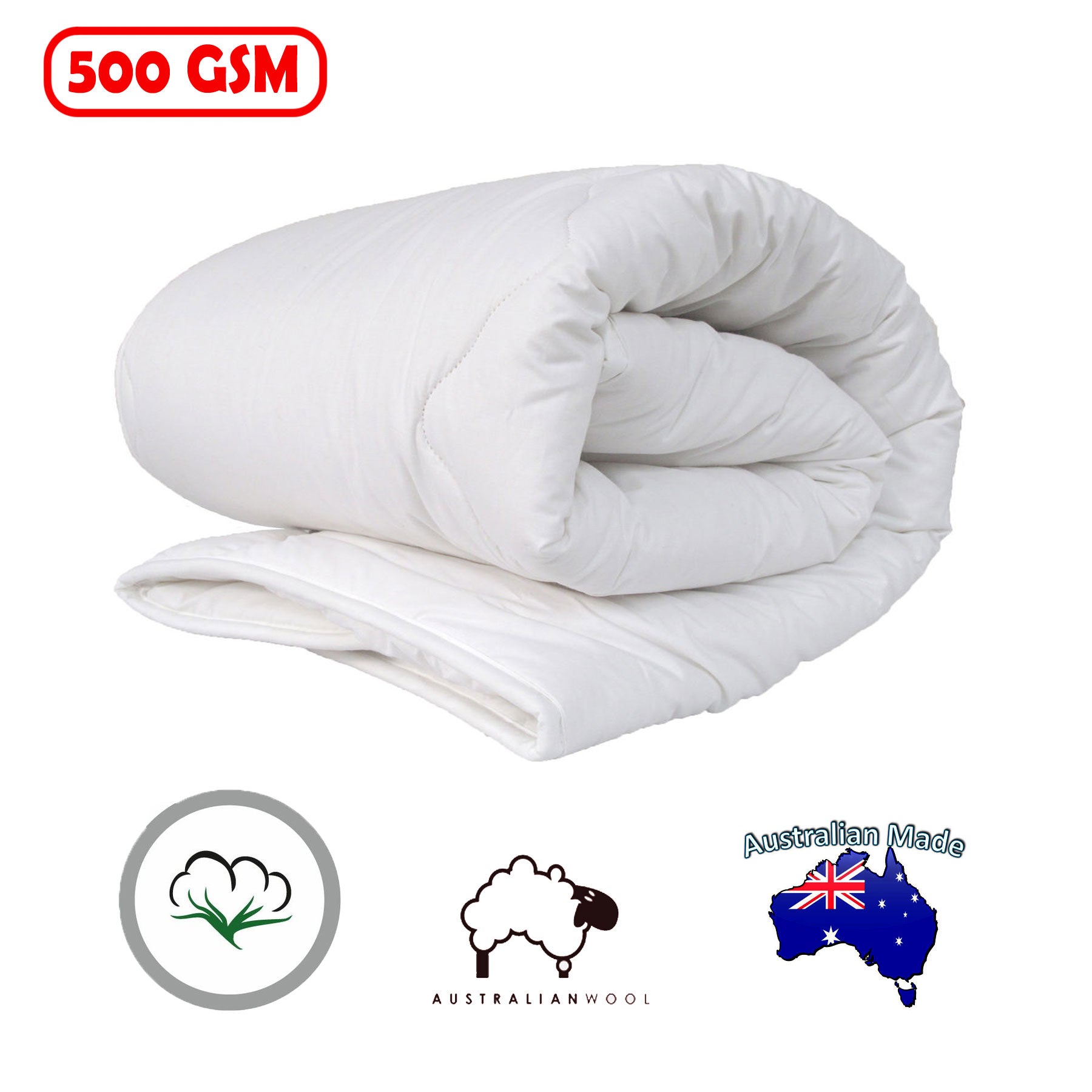 Quilts & Duvets: 500GSM Australian Wool Quilt Cot Size