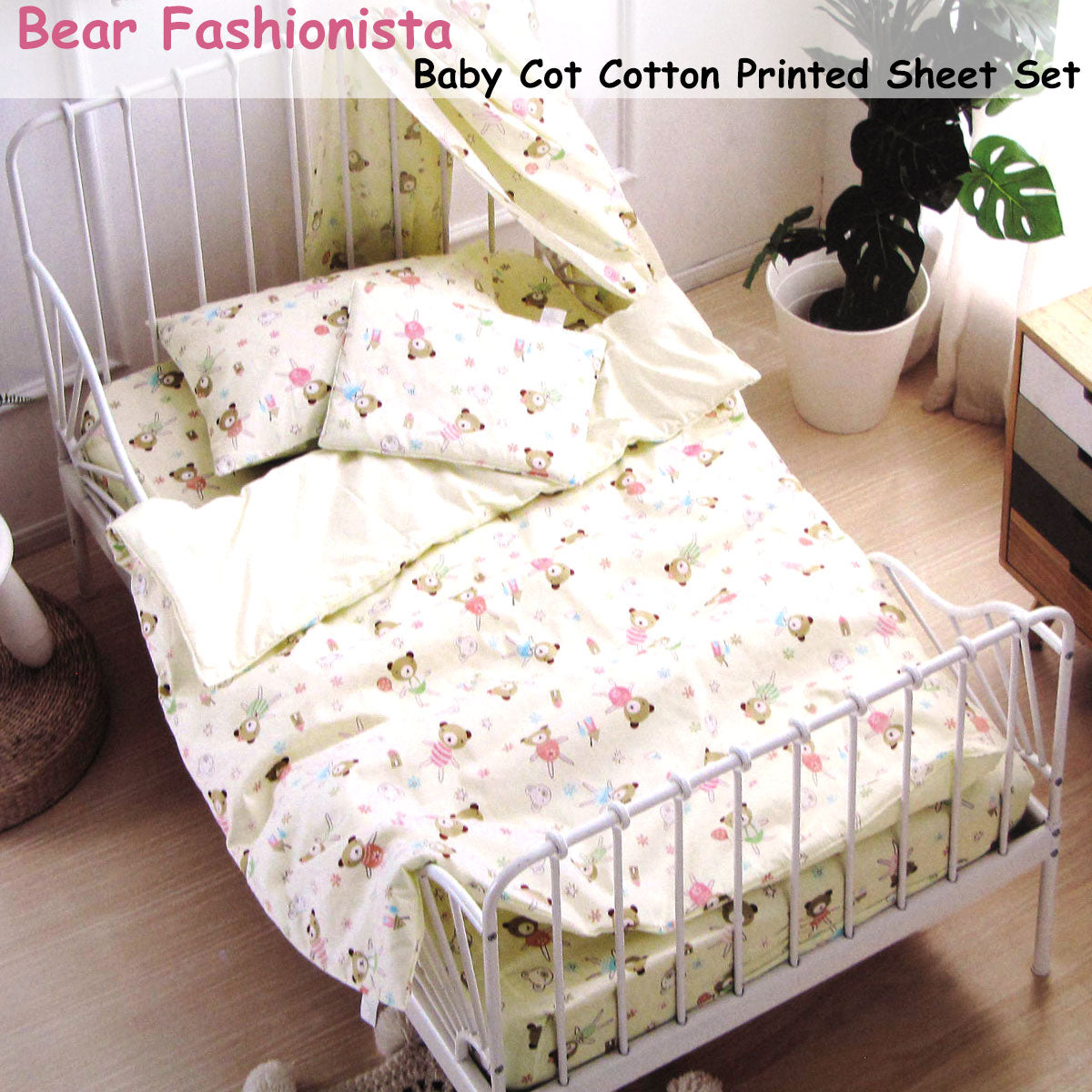 Bed Sheets: Bear Fashionista Baby 100% Cotton Printed Sheet Set Cot Size