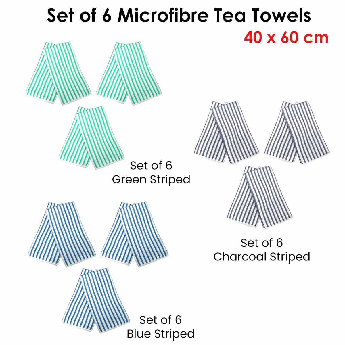 Set of 6 Microfibre Striped Tea Towels Charcoal
