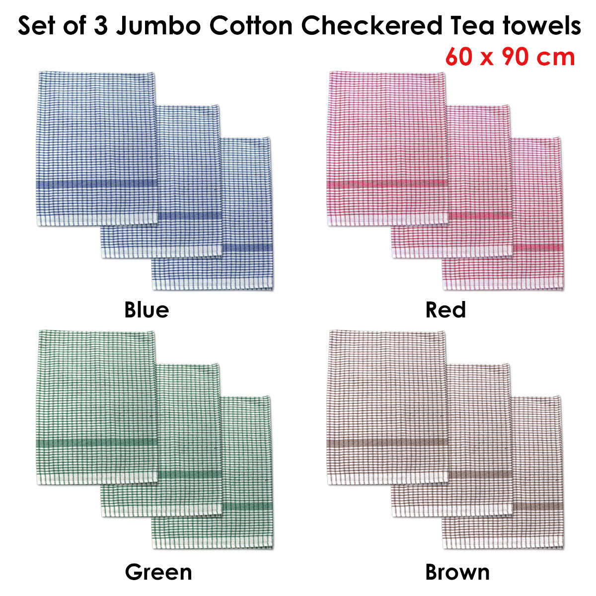 Table Linen & Kitchen Towels: Set of 3 Jumbo Cotton Checkered Tea Towels 60 x 90 cm Red