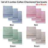 Table Linen & Kitchen Towels: Set of 3 Jumbo Cotton Checkered Tea Towels 60 x 90 cm Red