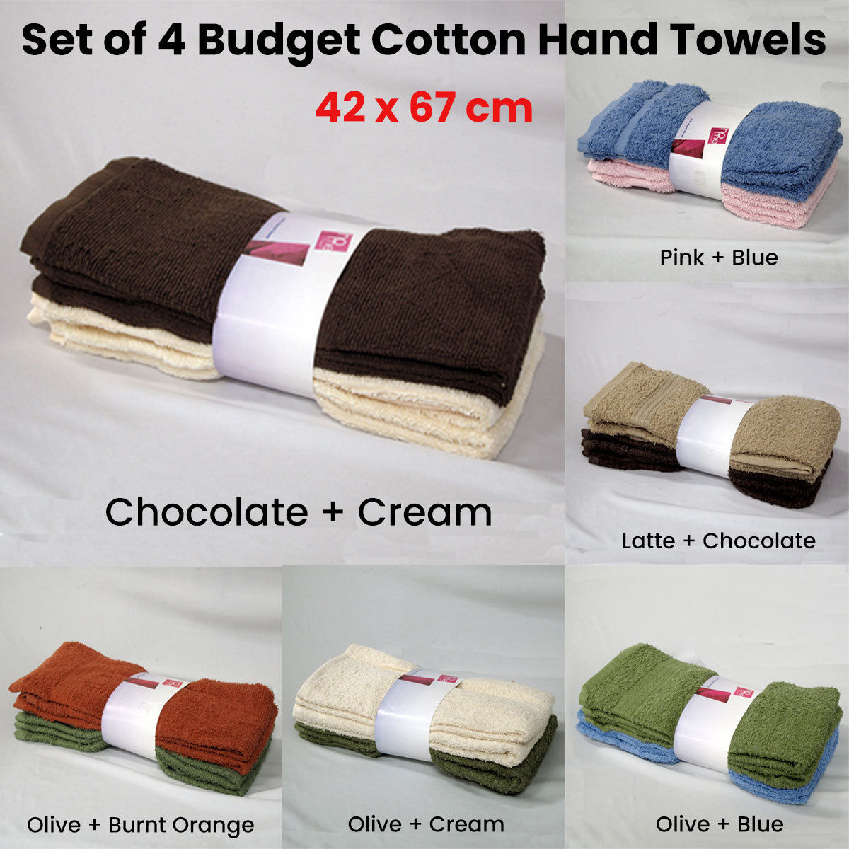 Bath Towels & Robes: Set of 4 Budget Cotton Hand Towels 42 x 67 cm Olive Blue