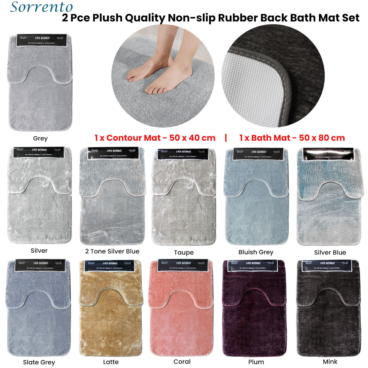 Bath Mats & Rugs: 2 Pce Sorrento Plush Quality Non-slip Rubber Back Bath Mat Set Plum