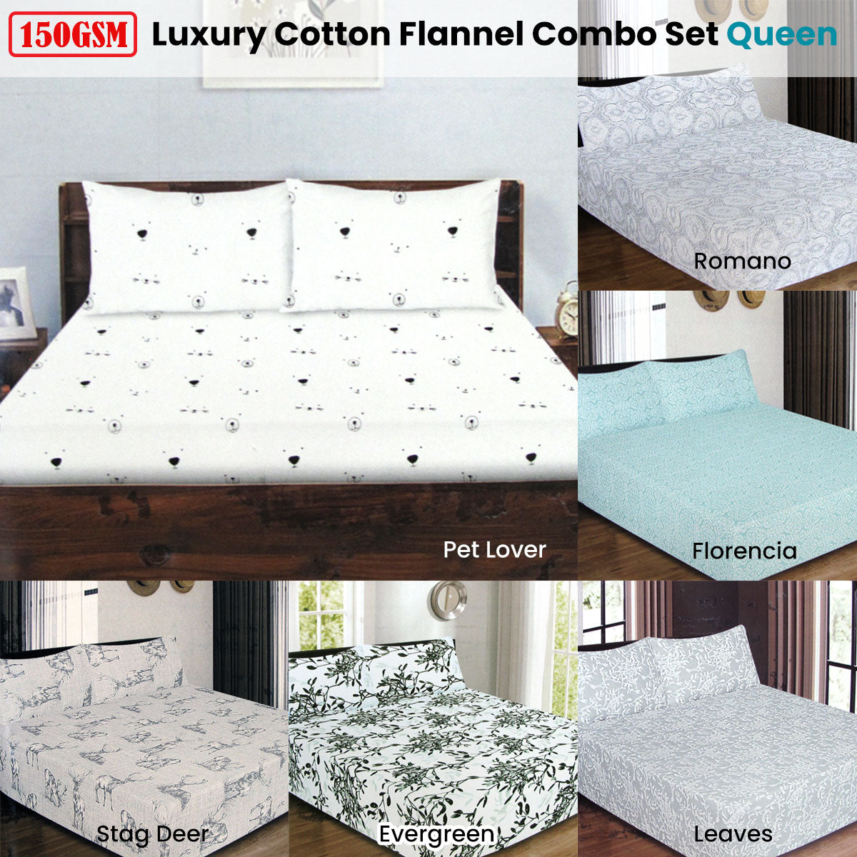 Bed Sheets: ICF Store Cotton Flannel Combo Fitted Sheet Set Queen Romano