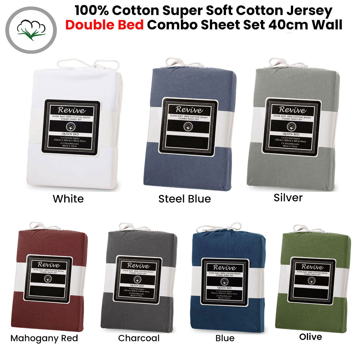 Bed Sheets: Revive Blue 100% Cotton Jersey Super Soft Fitted Sheet Combo Set Double 38cm Wall