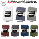 Bed Sheets: Revive Blue 100% Cotton Jersey Super Soft Fitted Sheet Combo Set Double 38cm Wall