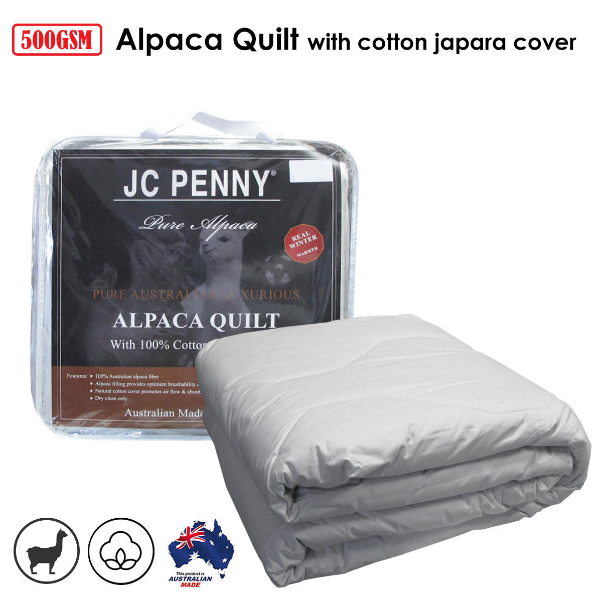 Quilts & Duvets: 500GSM Alpaca Quilt with Cotton Japara Cover - Single
