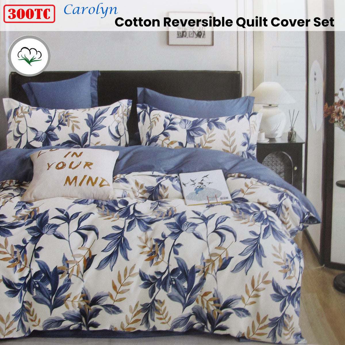Duvet Covers: 300TC Carolyn Blue Reversible Cotton Quilt Cover Set King