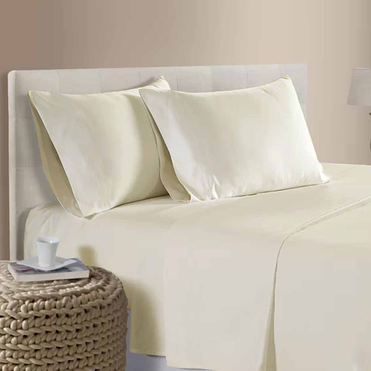 Bed Sheets: 400TC 100% Cotton Sateen Premium Sheet Set 40cm Wall Cream Queen